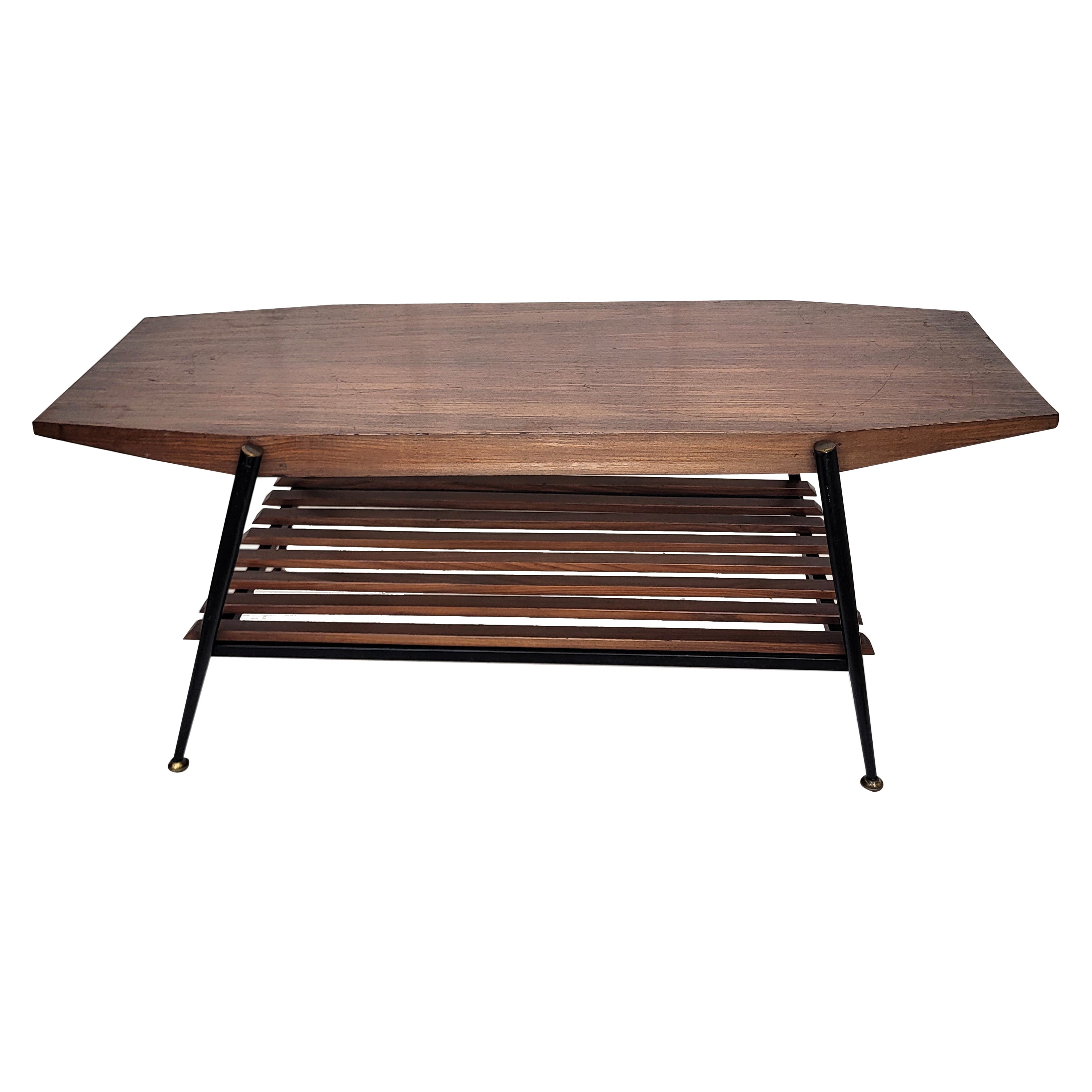 1950er Jahre Mid-Century Modern Italienisch Achteckig Metall Messing Lamelle Wood Couchtisch
