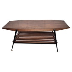 1950s Mid-Century Modern Italian Octagonal Metal Brass Slat Wood Coffee Table