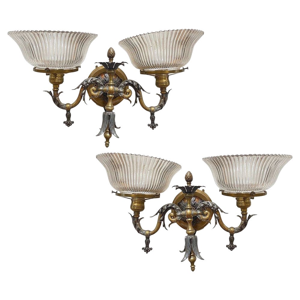 Electrified Late Victorian Baroque Brass Gas Sconces w/ Shade, Pair