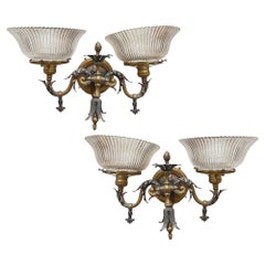 Electrified Late Victorian Baroque Brass Gas Sconces w/ Shade, Pair