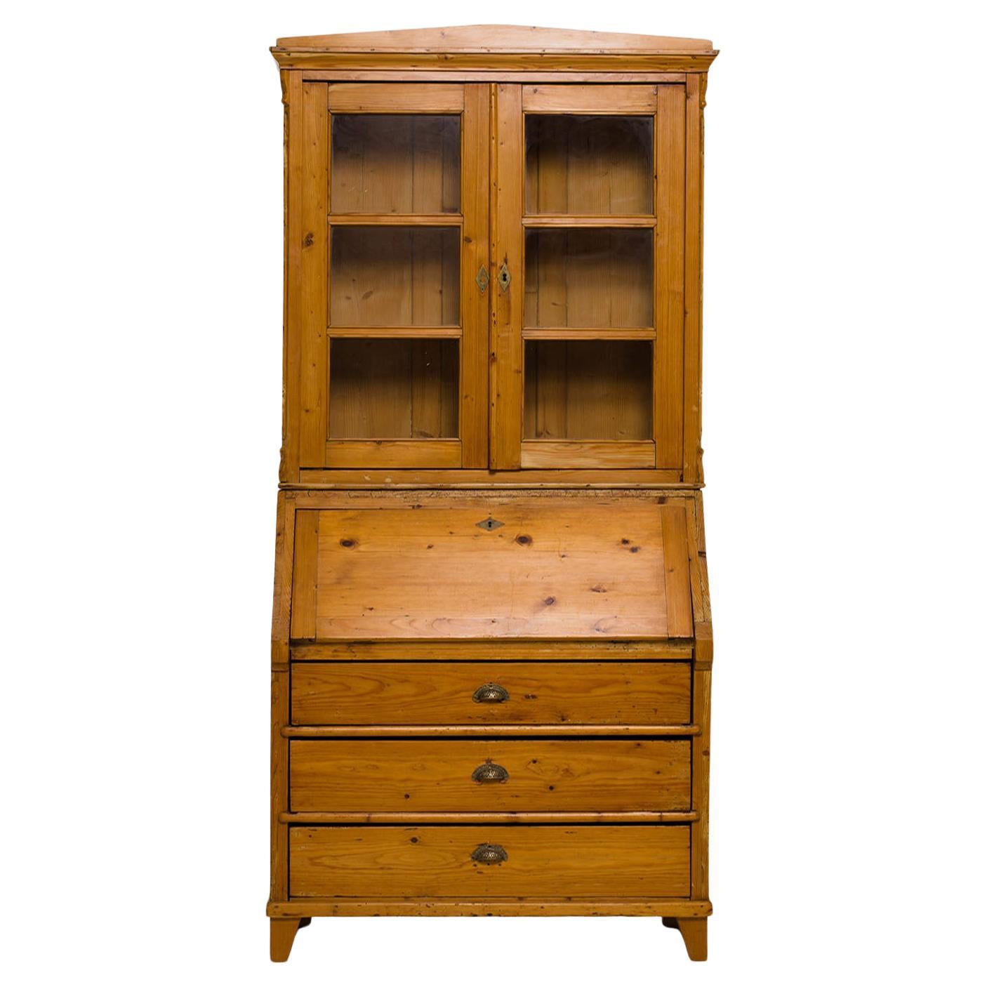 19th Century German Biedermeier Two Part Pine Bureau - Antique Secretary For Sale