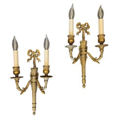 Wonderful Pair French Gilt Doré Bronze Bow Torchiere Caldwell Two-Light Sconces
