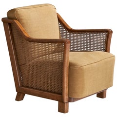 French Designer, Lounge Chair, Oak, Cane, Fabric, 1950s