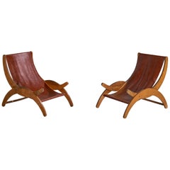 Italian Designer, Lounge Chairs, Plywood, Leather, Italy, 1950s