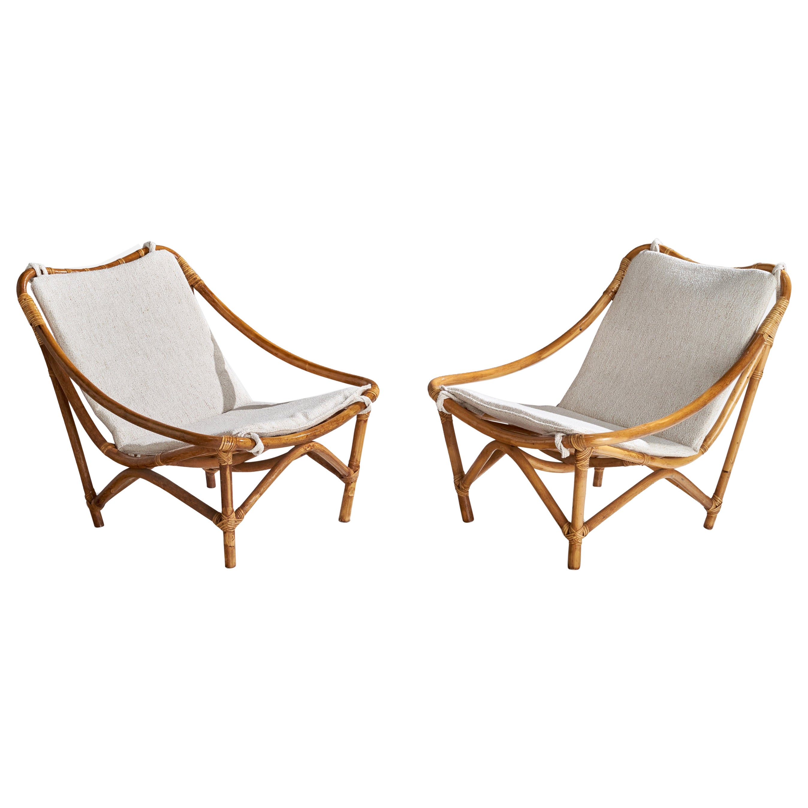 American Designer, Lounge Chairs, Bamboo, Rattan, Fabric, USA, 1950s