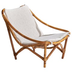 American Designer, Lounge Chair, Bamboo, Rattan, Fabric, USA, 1950s