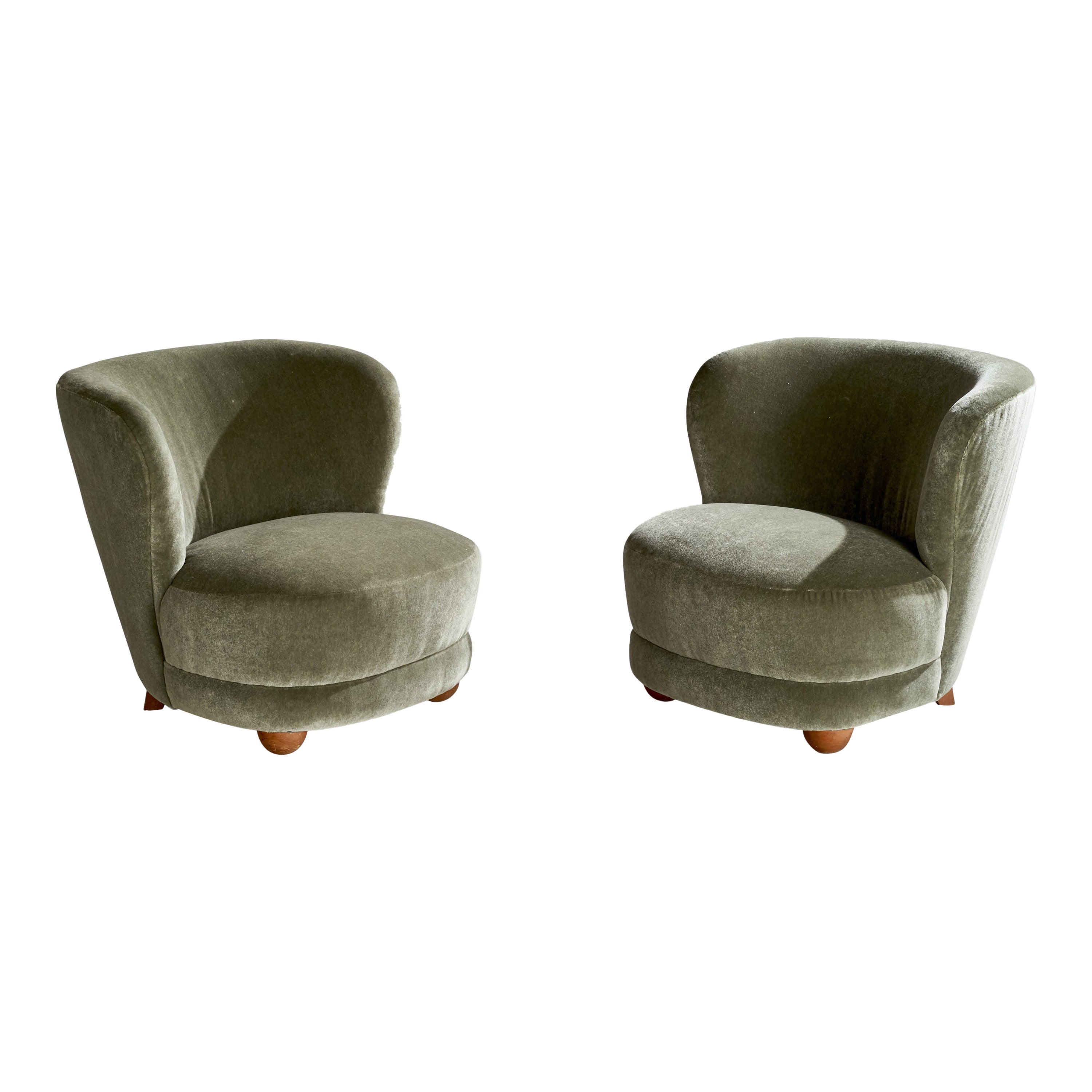 Danish Designer, Slipper Chairs, Beech, Mohair, Denmark, 1940s