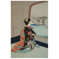 SADANOBU HASAGAWA III - « Geisha Girl in Winter » - Impression sur bois - 20e siècle