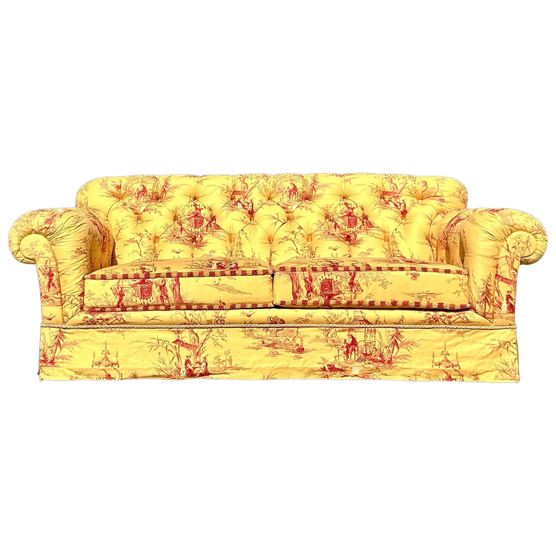 Vintage Regency Custom Tufted Sofa in Pierre Frey Chinoiserie