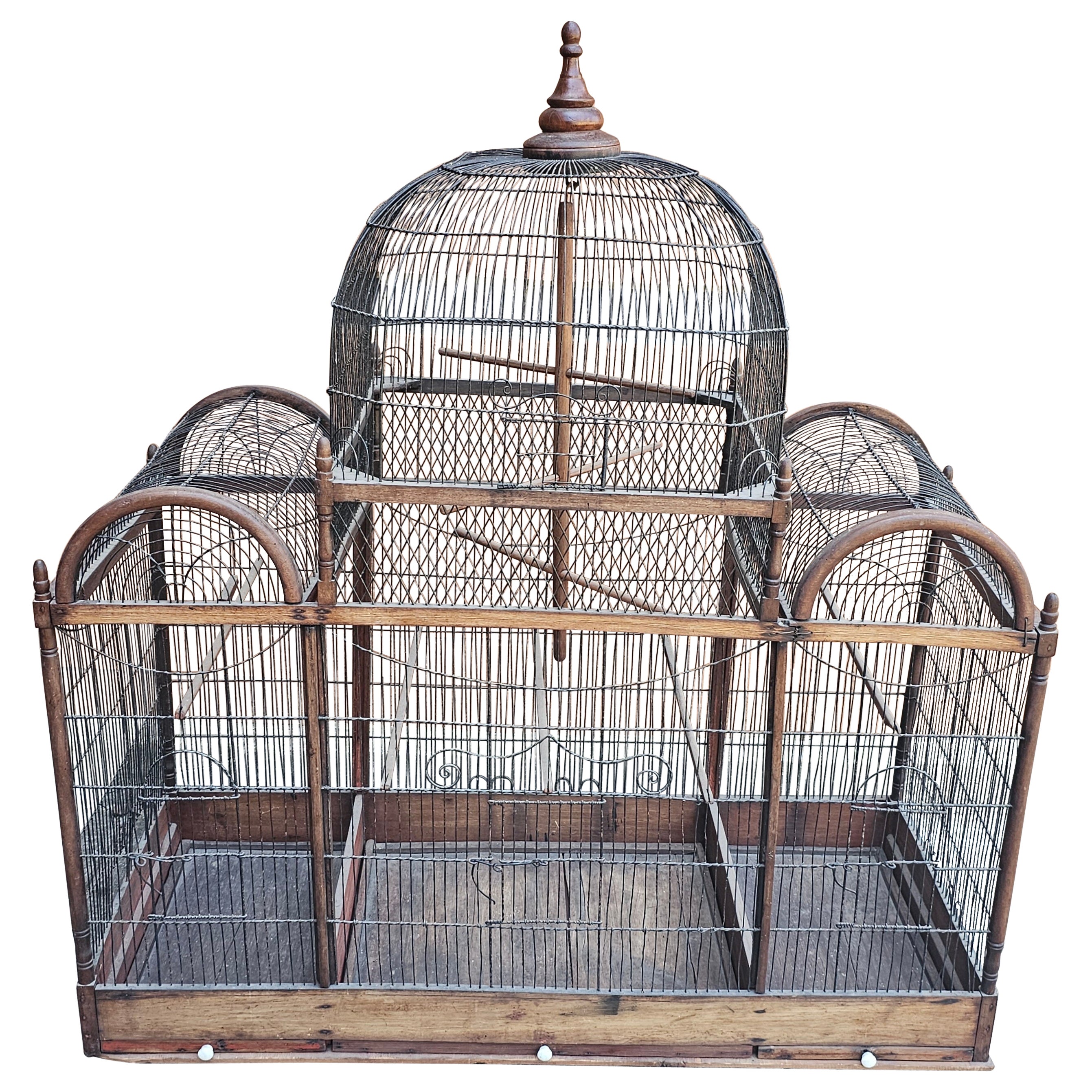 Victorian Stained Pine and Wired Metal Dome Top Bird Cage For Sale