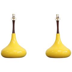 Pair of Ceramic Yellow Bulbous Table Lamps