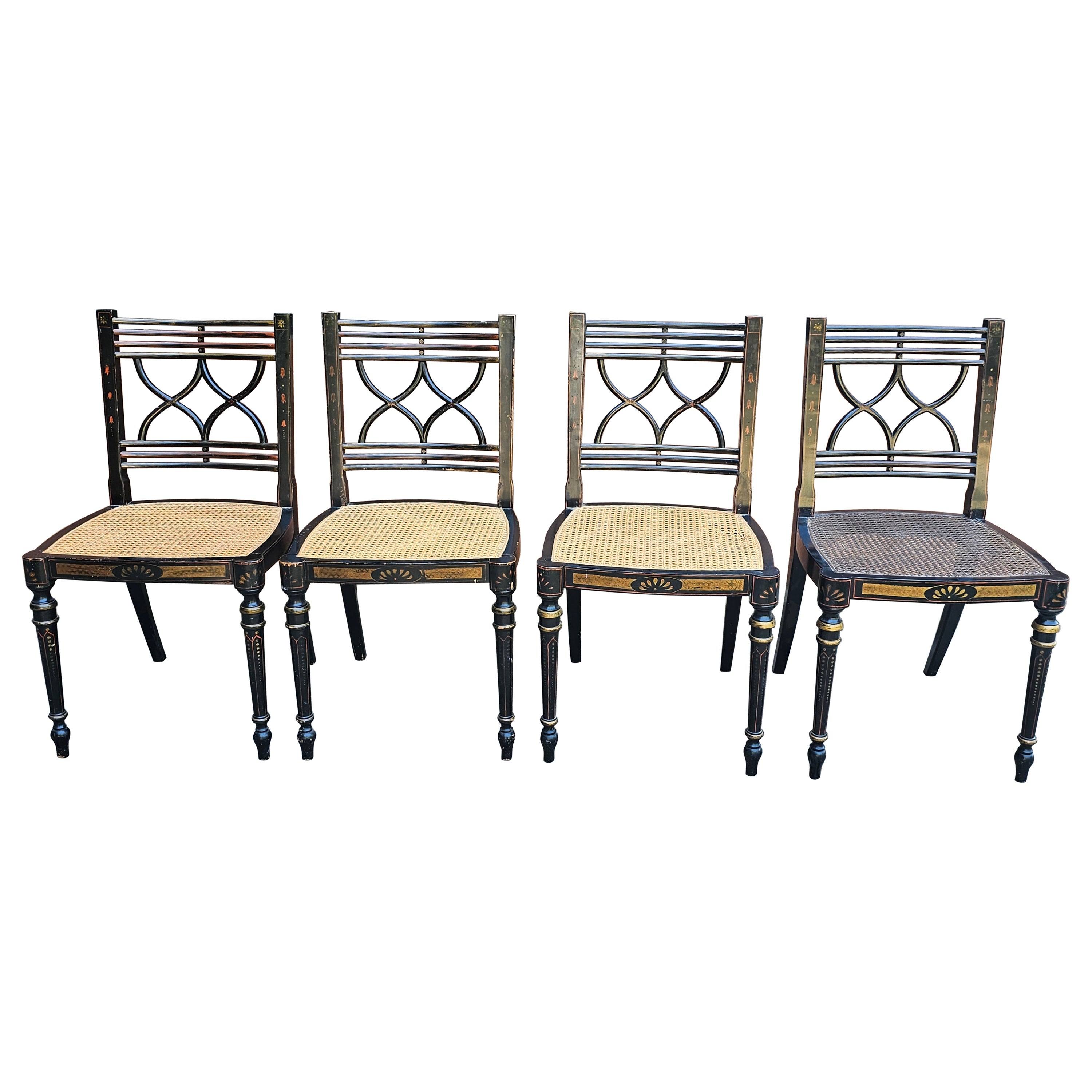 Set Four Baker Historic Charleston Decorated Ebonized Wood and Cane Side Chairs