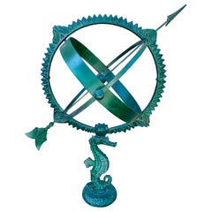 Vintage Coastal Green Iron Seahorse Garden Armillary Sundial