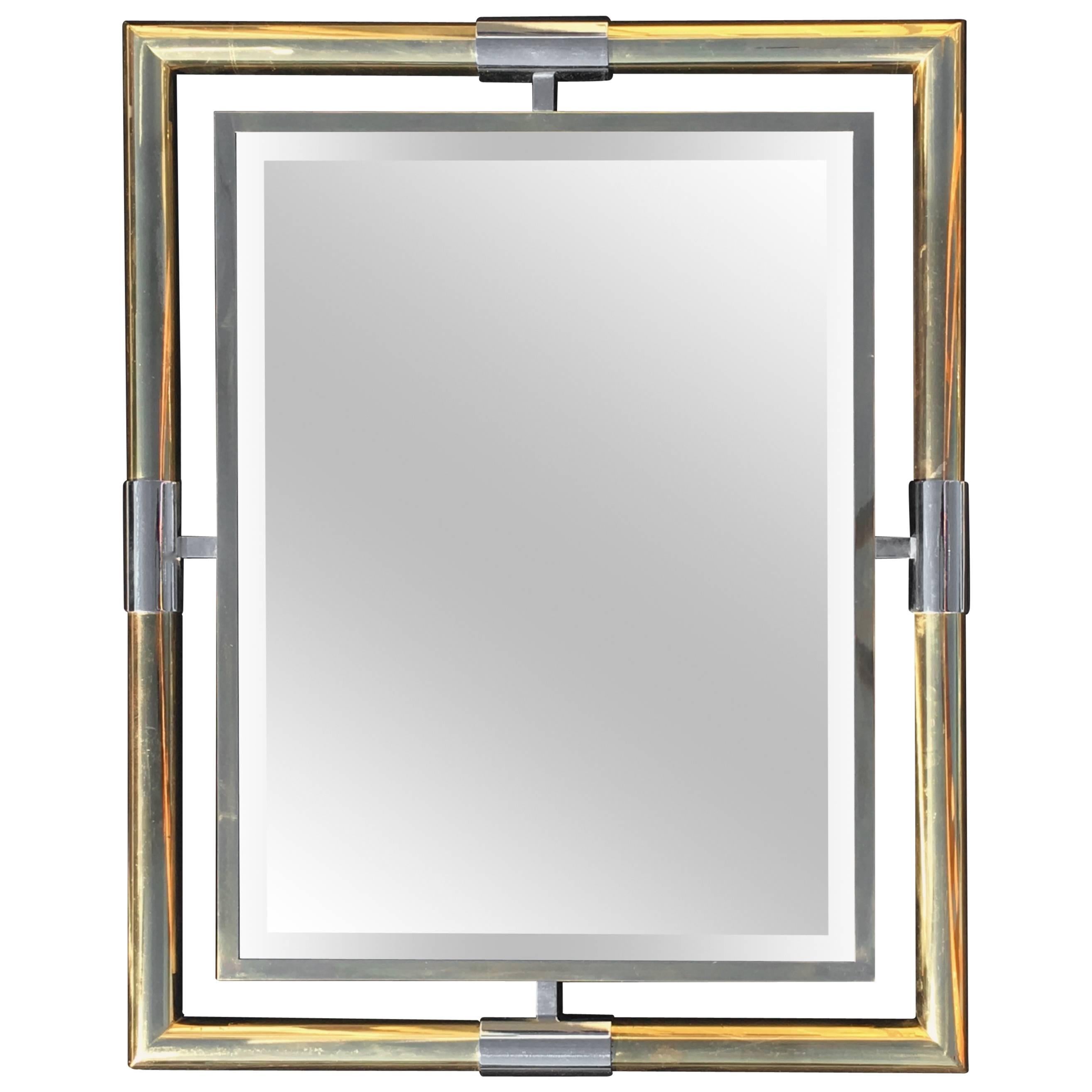 French Wall Mirror, 1970s, Brass, Steel For Sale