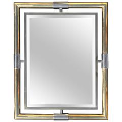 French Wall Mirror, 1970s, Brass, Steel