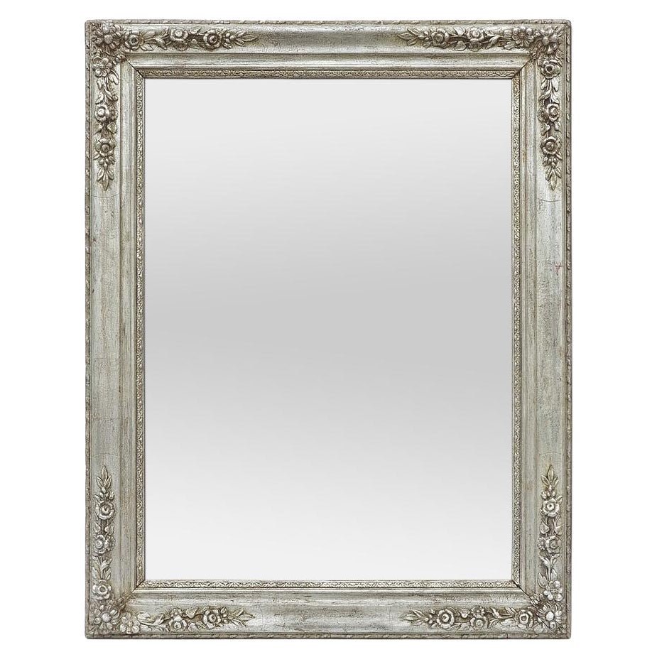 Antique French Wall Mirror, Romantic Period, Patinated Silvered Wood, circa 1830