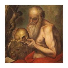 17th Century Oil on Canvas Italian Antique Religious Painting Saint Jerome, 1670