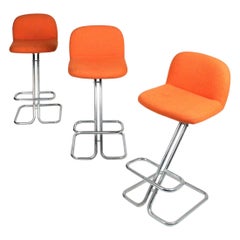 Set of Three 1970s Space Age Chrome + Wool Barstools