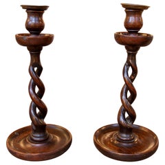 1970s Pair of Hand Carved Wooden Candlesticks with Salomonic Style Shafts