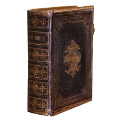 19th Century English Leather Bound and Brass Locks Family Holy Bible