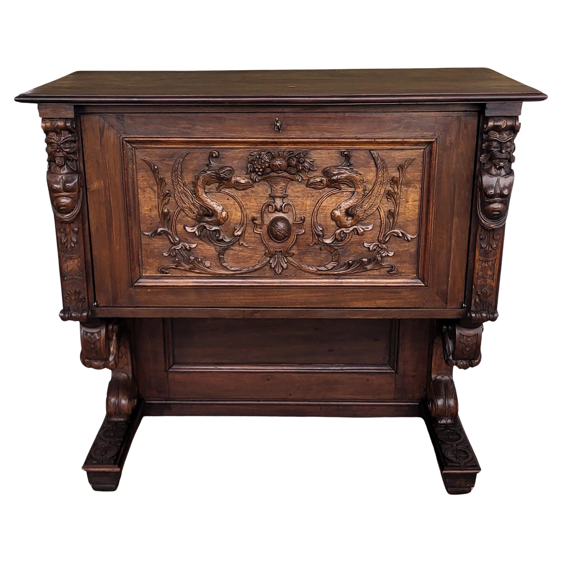 Italian Renaissance Style Art Deco MidCentury Carved Walnut Burl Dry Bar Cabinet