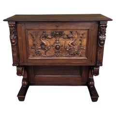 Italian Renaissance Style Art Deco MidCentury Carved Walnut Burl Dry Bar Cabinet