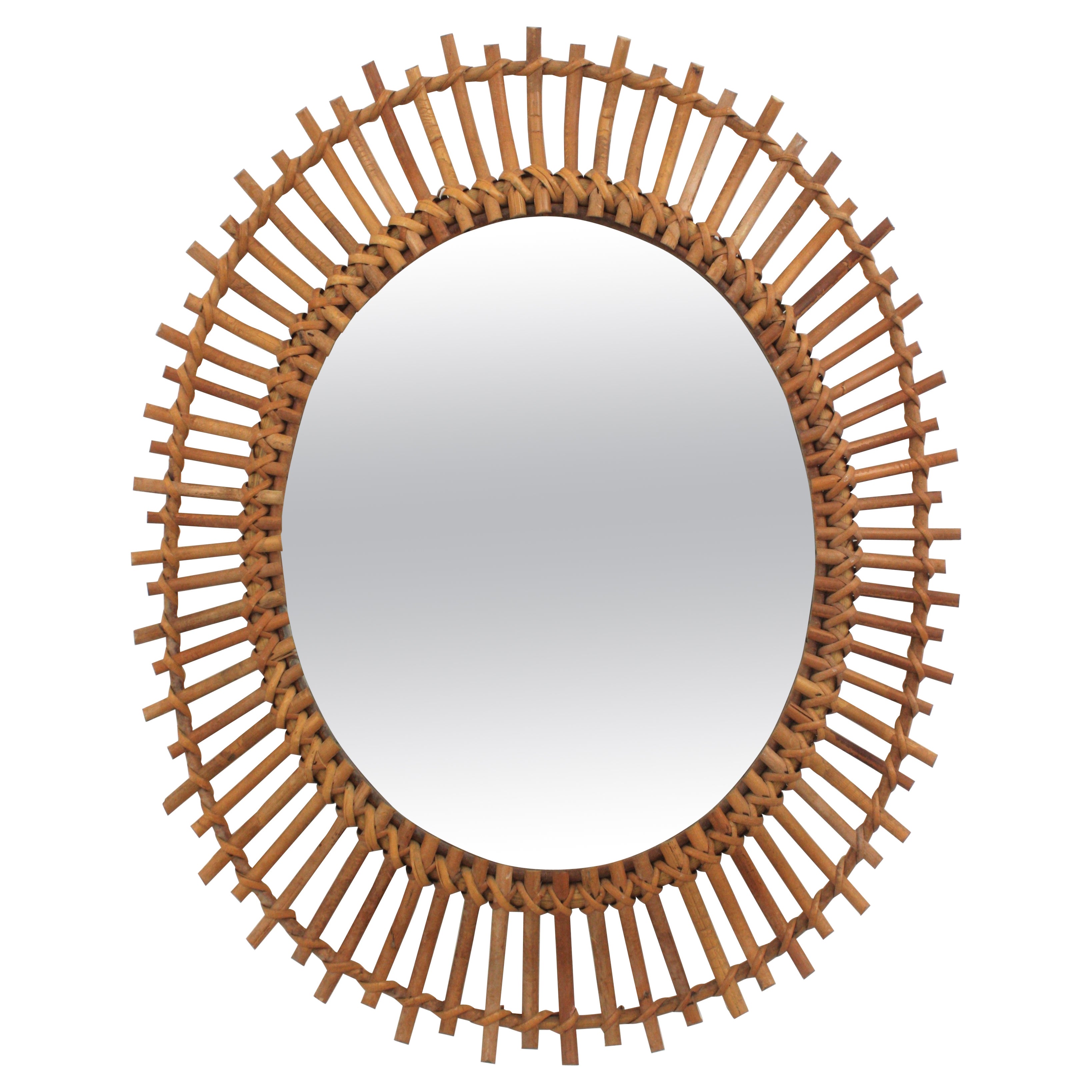 Spanish Rattan Bamboo Oval Sunburst Mirror / Wall Mirror