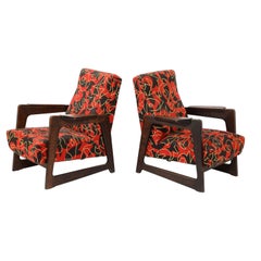Pair of Upholstered Darkened Oak René Gabriel Style Armchairs - France 1950's