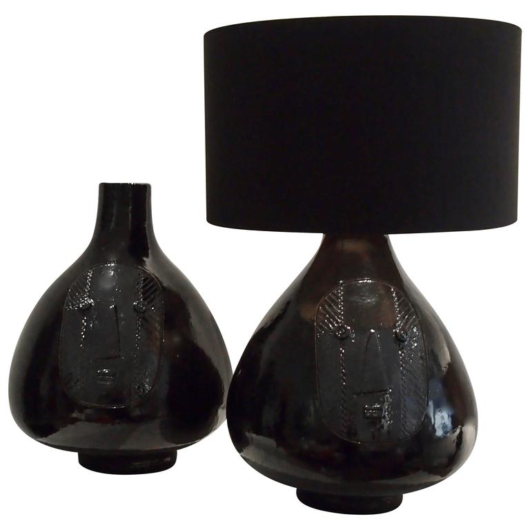 Large Pair of Ceramic Lamp Bases Glazed in Black signed by DaLo For