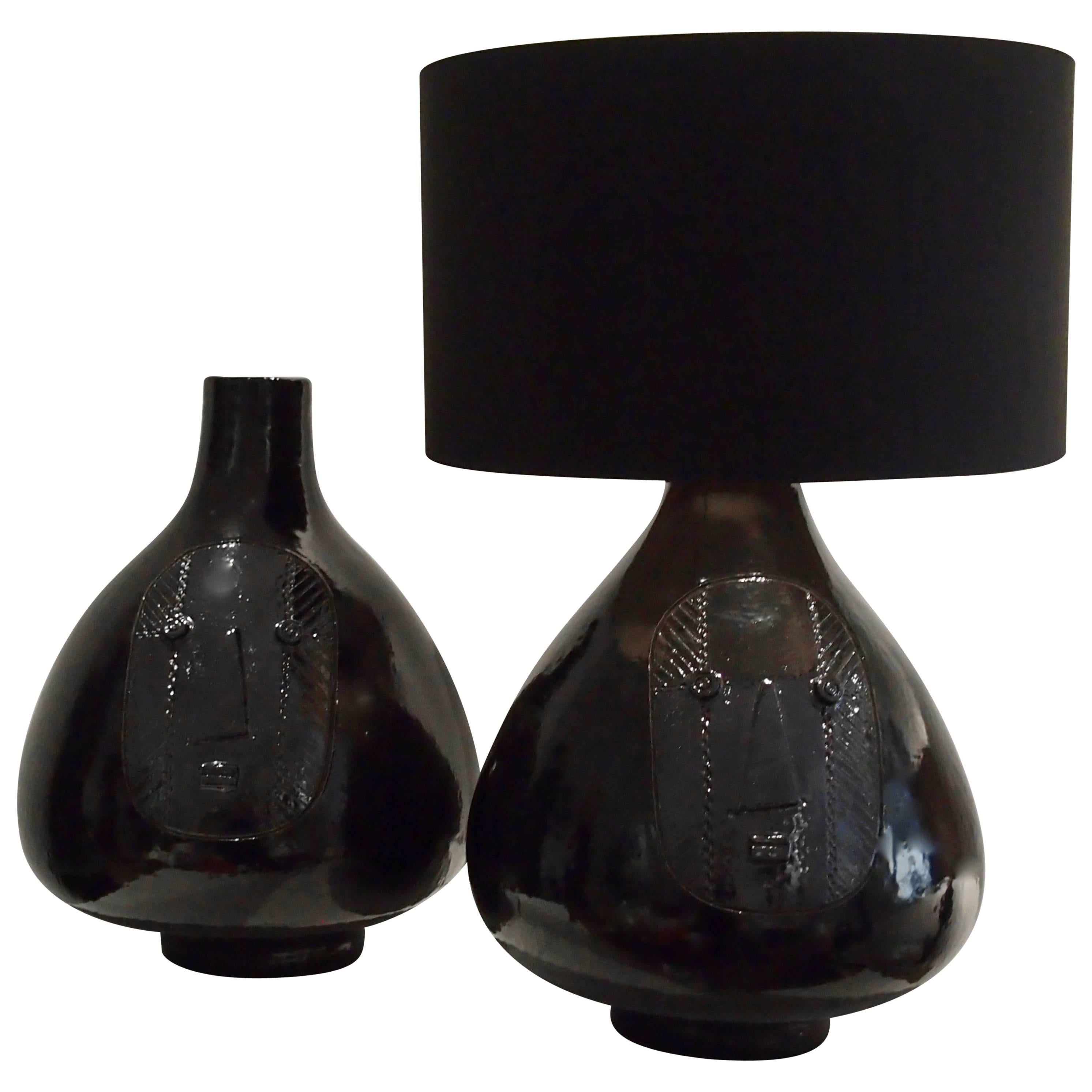 Large Pair of Ceramic Lamp Bases Glazed in Black signed by DaLo