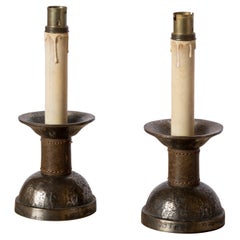 Pair of Petite "Martelé" Pewter and Piqué Sellier Leather Table Lamps - 1960's