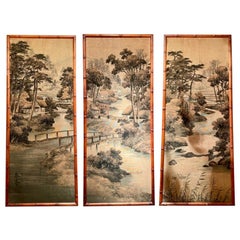 Set of 3 Antique Silk Oriental Wall Panels, Circa 1920's.