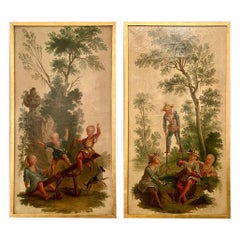 Pair Antique French Oil on Canvas Paintings of Chinese Motifs on Panels, Ca 1890