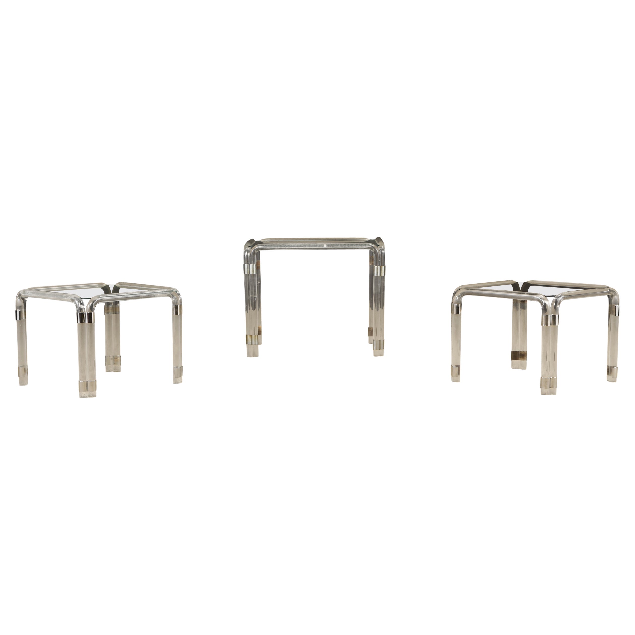 Set of Three Tubular Lucite and Nickel Side Tables or Nightstands, 1970s