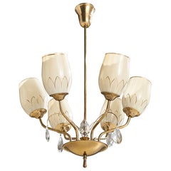 Itsu, Chandelier, Brass, Glass, Finland, 1940s