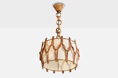French Designer, Pendant Light, Rattan, Fabric, France, 1970s