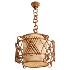 French Designer, Pendant Light, Rattan, Paper, France, 1970s