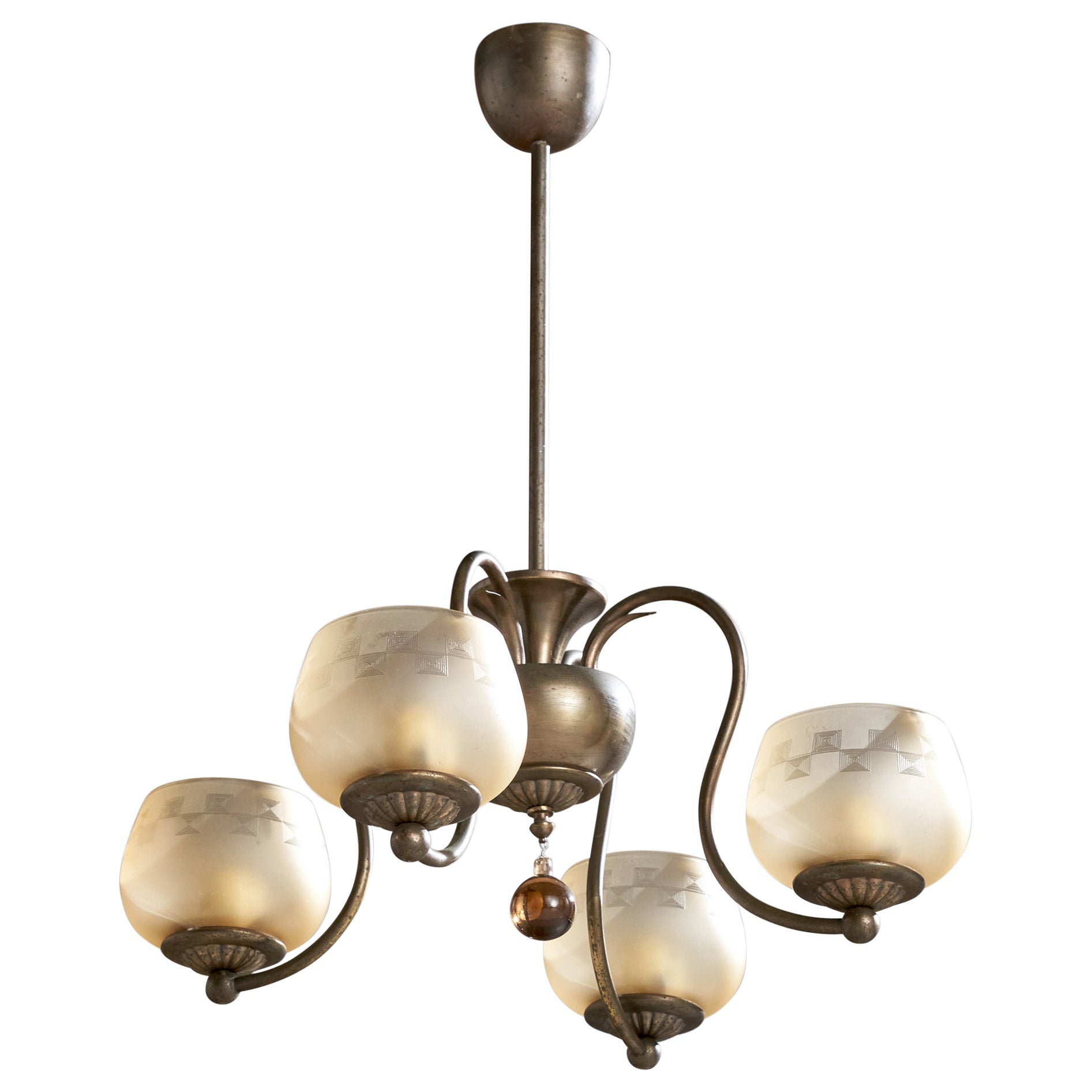 Taidetakomo Hakkarainen, Chandelier, Brass, Glass, Finland, 1930s