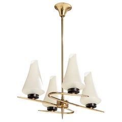 French Designer, Chandelier, Brass, Glass,  France, 1950s