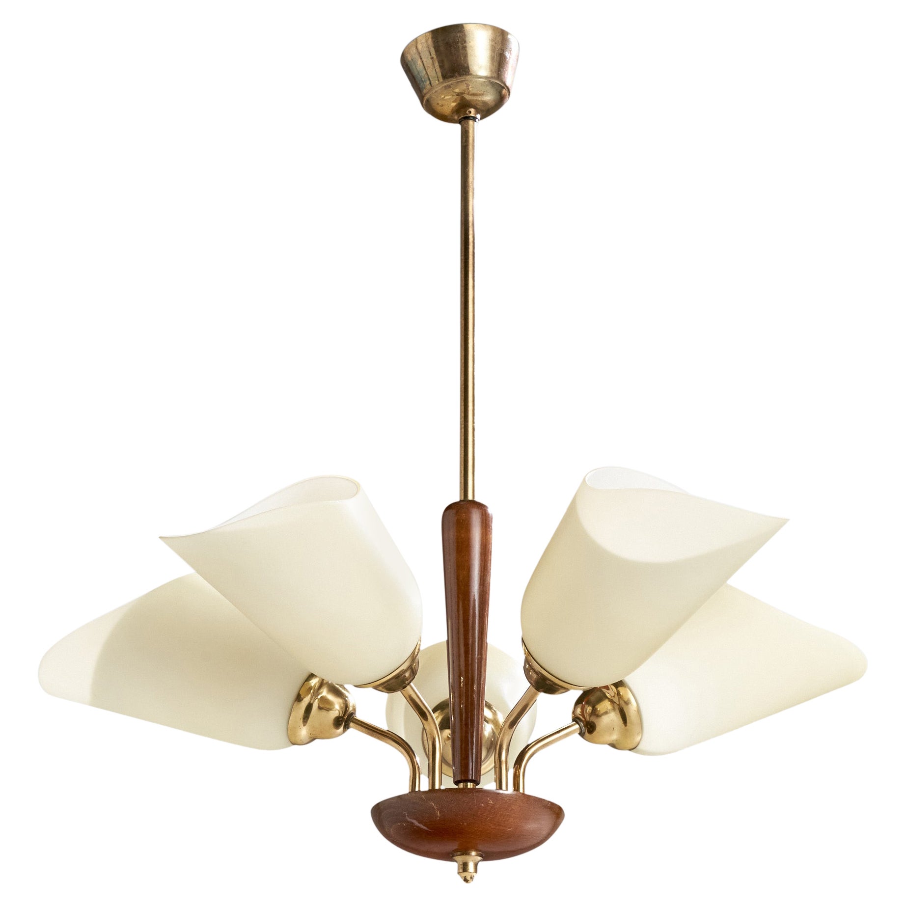 Swedish Designer, Chandelier, Brass, Glass, Wood, Sweden, 1950s