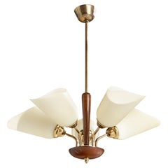 Schwedischer Designer, Kronleuchter, Messing, Glas, Holz, Schweden, 1950er Jahre