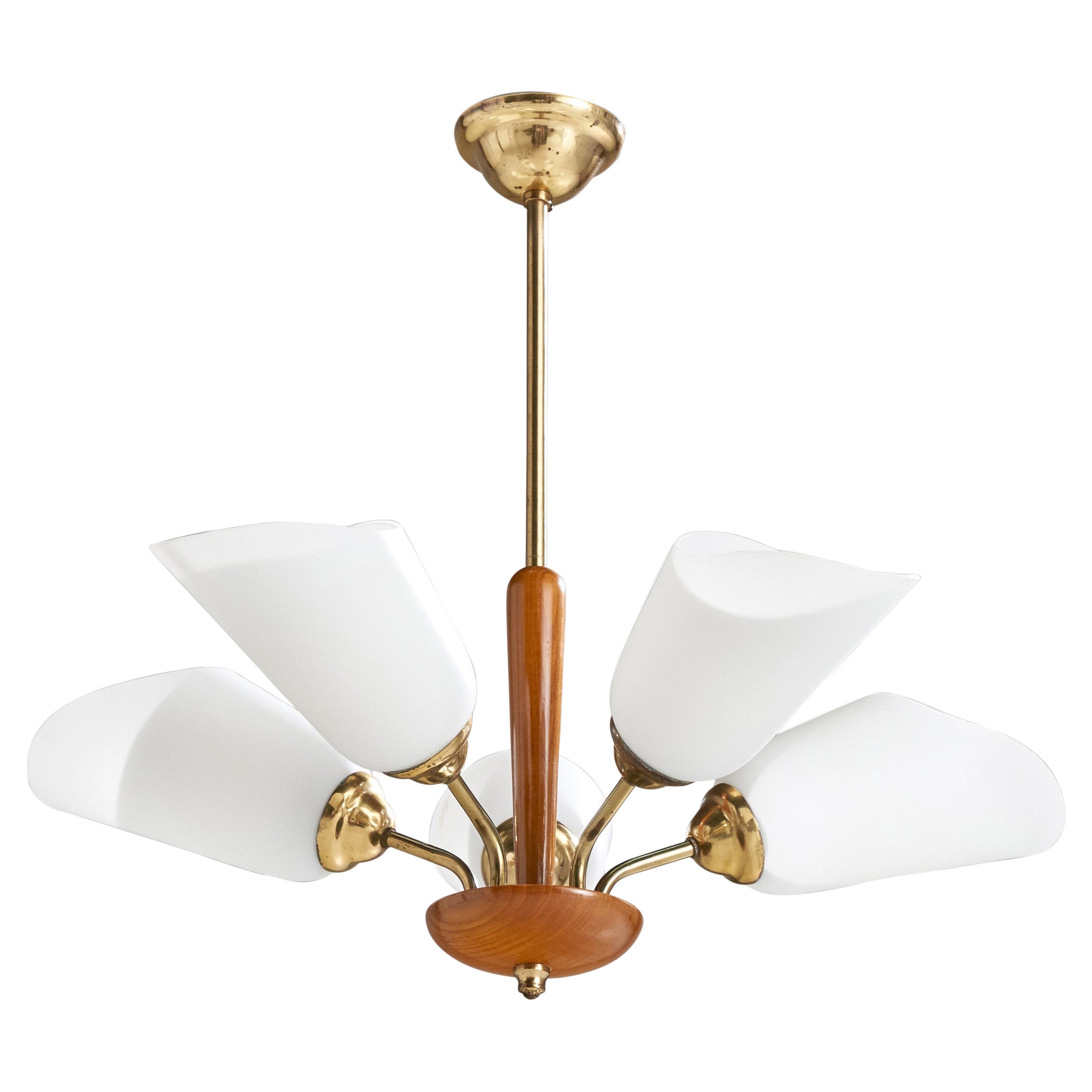 Swedish Designer, Chandelier, Brass, Wood, Glass, Sweden, 1950s