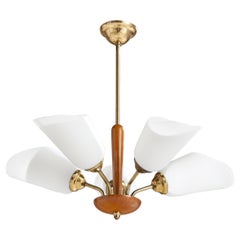Swedish Designer, Chandelier, Brass, Wood, Glass, Sweden, 1950s