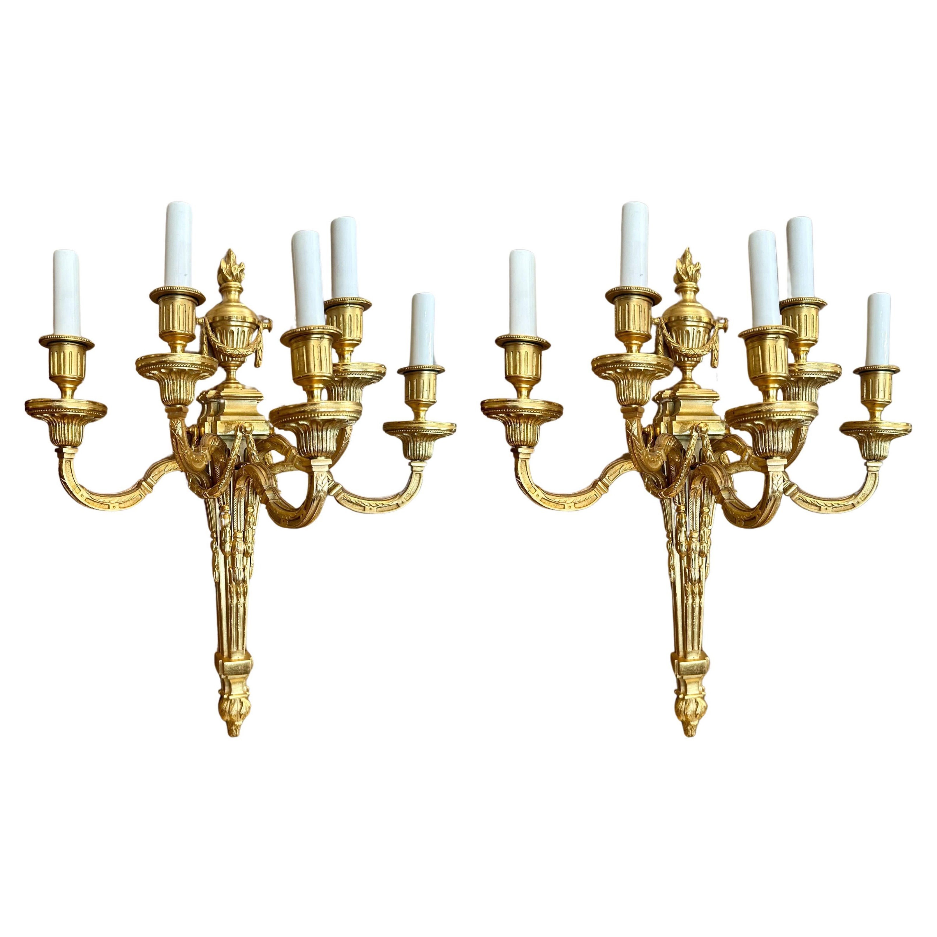 Pair Estate French Bronze D'Ore Five Light Wall Sconces, Circa 1940-1950.