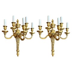 Pair Estate French Bronze D'Ore Five Light Wall Sconces, Circa 1940-1950.