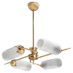 French Designer, Chandelier, Brass, Glass, France, 1950s