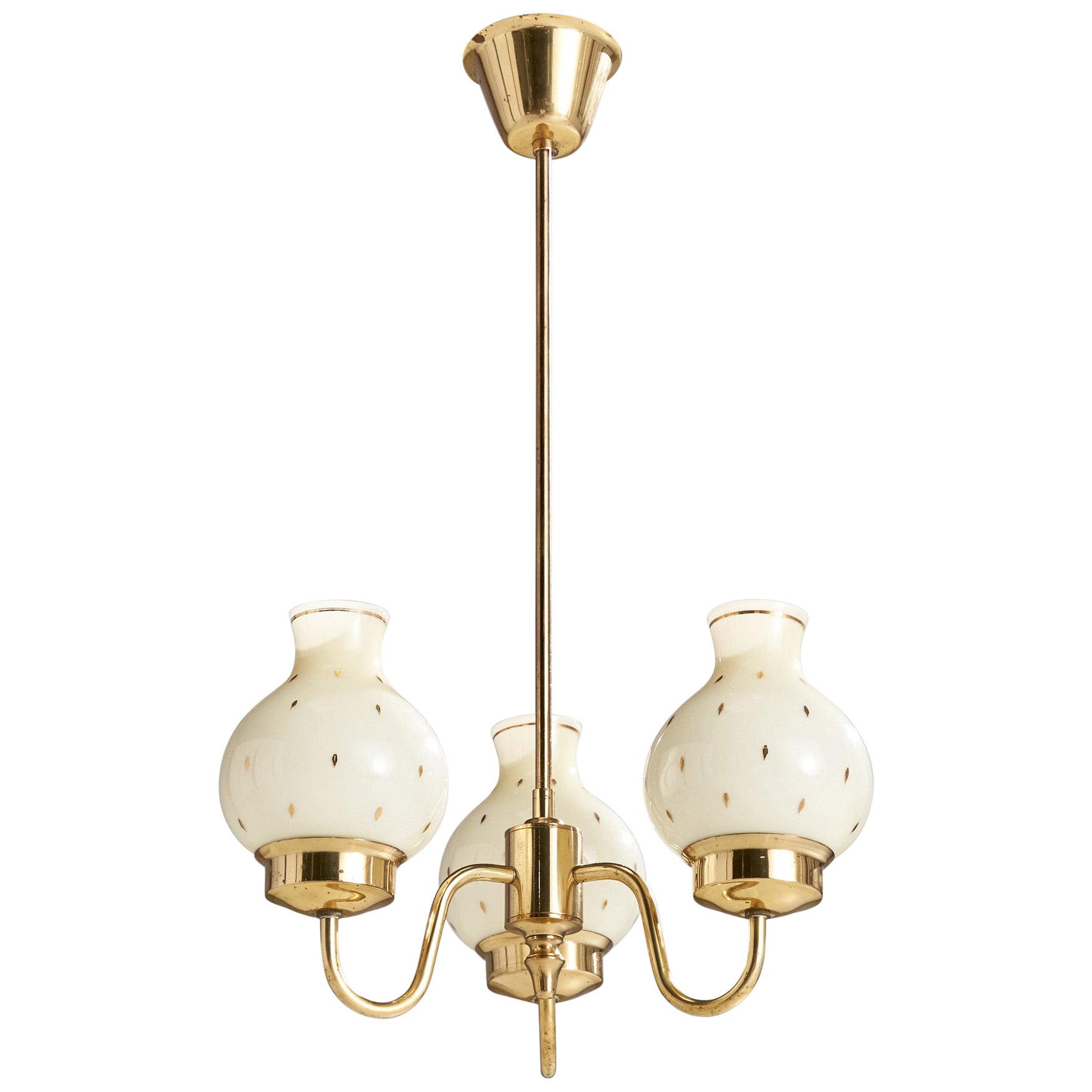 Swedish Designer, Chandelier, Brass, Glass, Sweden, 1950s