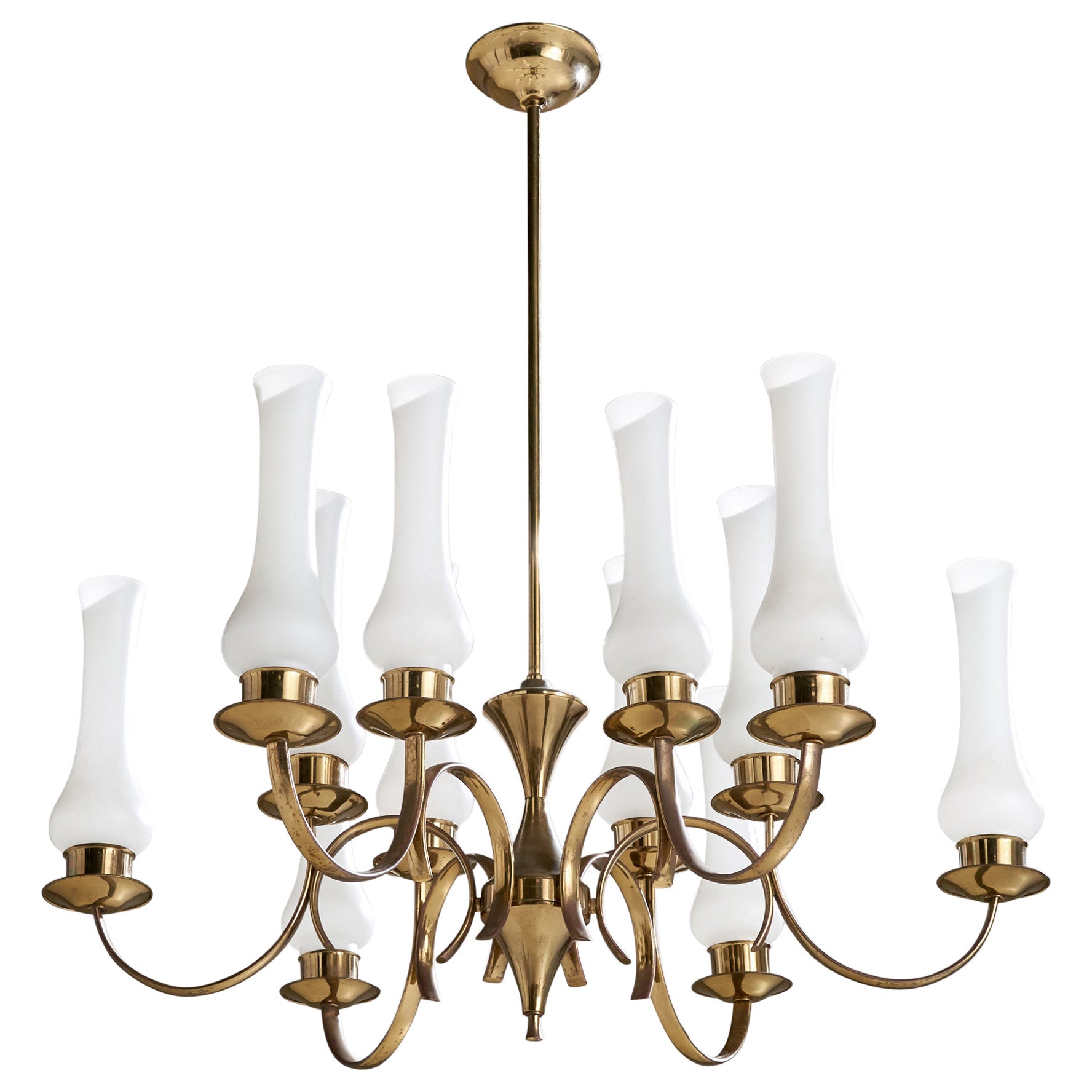 Italian Designer, Chandelier, Brass, Glass, Italy, 1950s