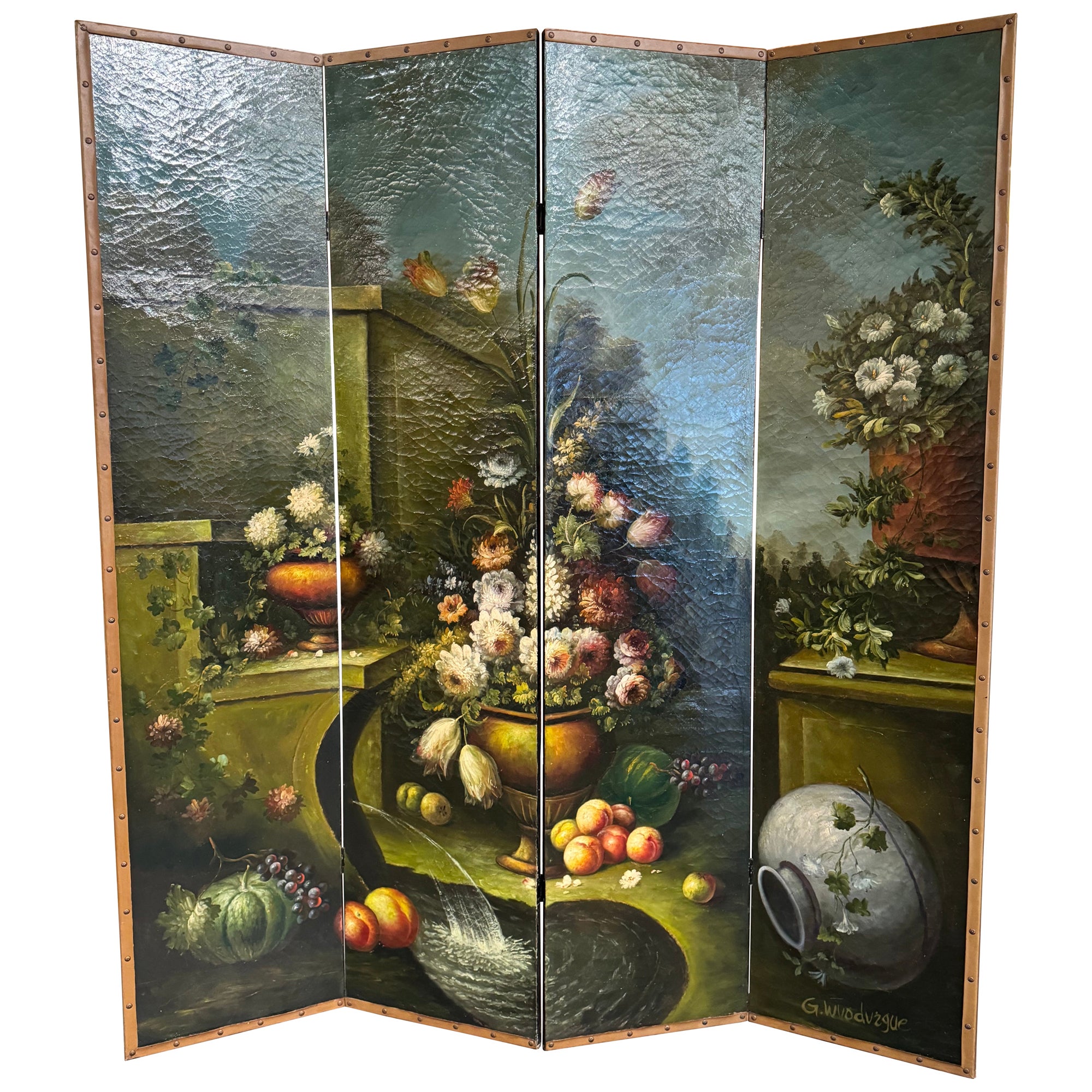 19th Century French Hand Painted Four-Panel Folding Screen with Leather Trim
