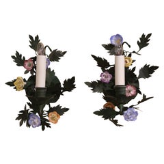 Pair Mid-Century French Green Painted Metal and Porcelain Flowers Wall Sconces